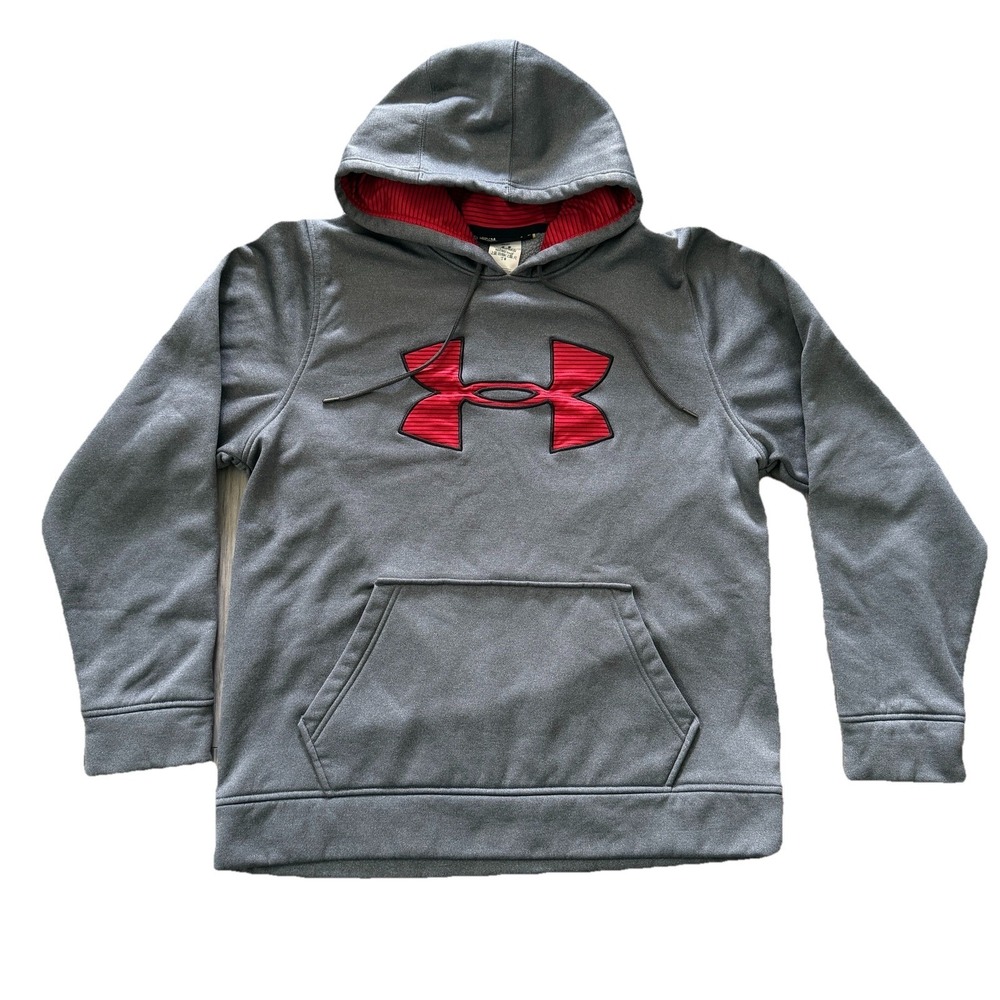 Under Armour Hoodie Mens Medium Gray Red Logo Loose Fit Fleece Pullover